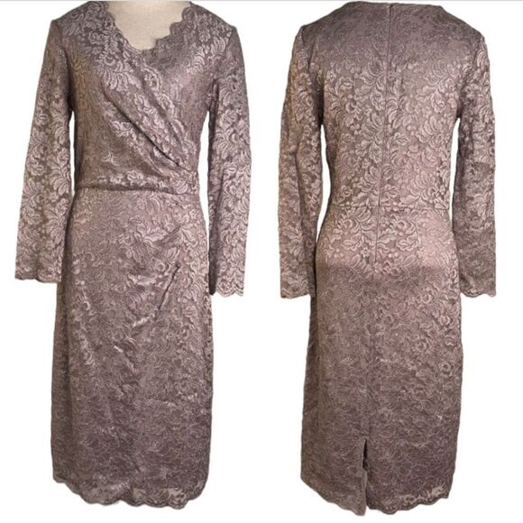 Jessica Howard Womens 4 Tan Lace Overlay Knee Length Longsleeve Cocktail Dress - Picture 1 of 14